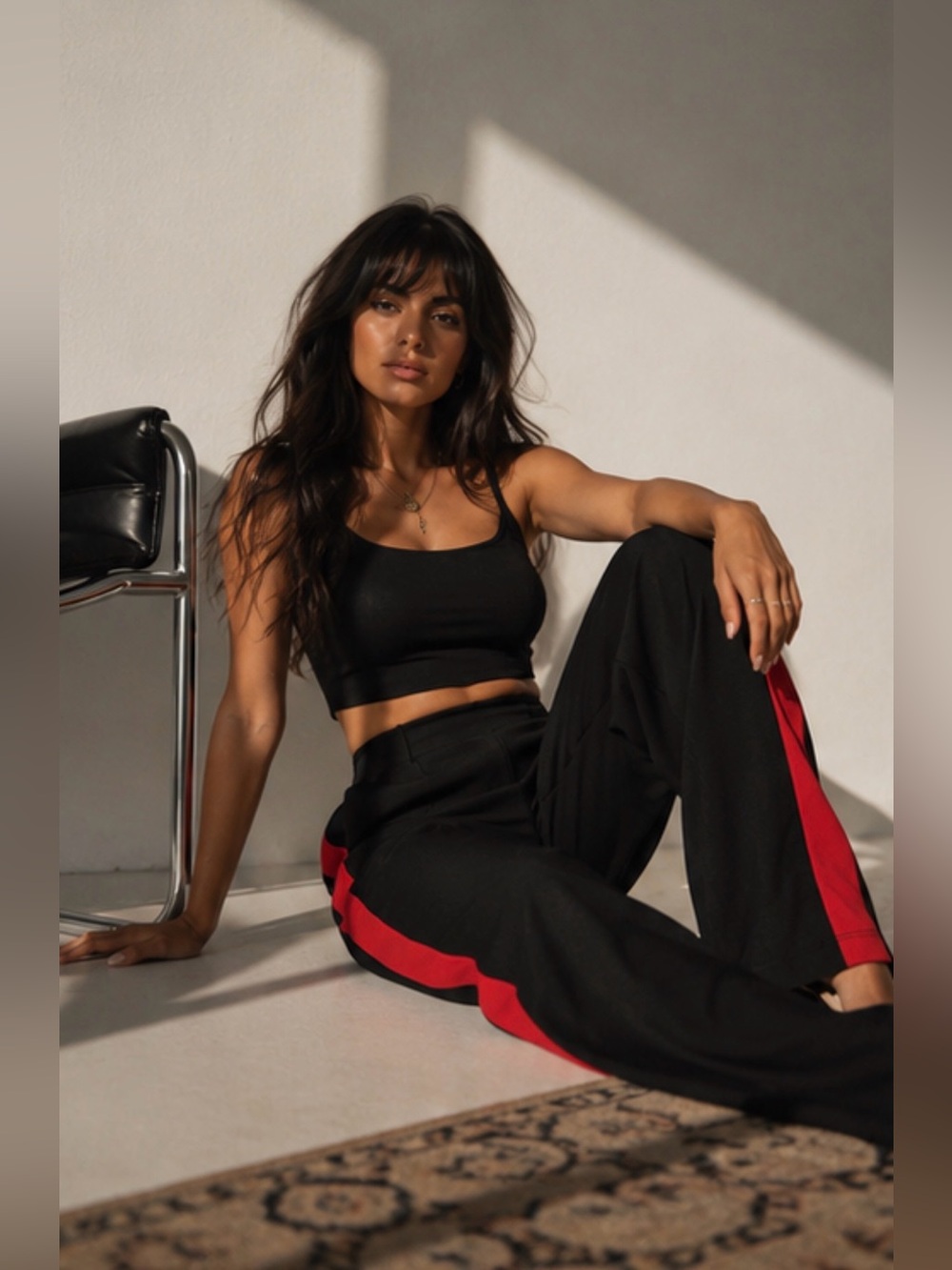 Black Wide-Leg High-Rise Pants with Red Side Stripe | Chic Statement Piece